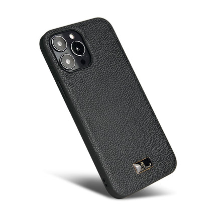Fierre Shann Leather Texture Phone Back Cover Case For iPhone 13 Pro(Lychee Black)-garmade.com