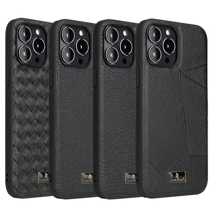 Fierre Shann Leather Texture Phone Back Cover Case For iPhone 13 Pro Max(Woven Black)-garmade.com