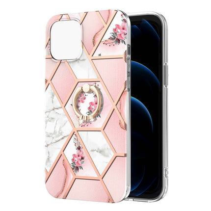 Electroplating Splicing Marble Flower Pattern TPU Shockproof Case with Rhinestone Ring Holder For iPhone 13 mini(Pink Flower)-garmade.com