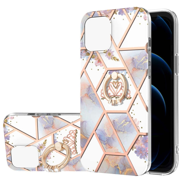 Electroplating Splicing Marble Flower Pattern TPU Shockproof Case with Rhinestone Ring Holder For iPhone 13 mini(Imperial Crown)-garmade.com
