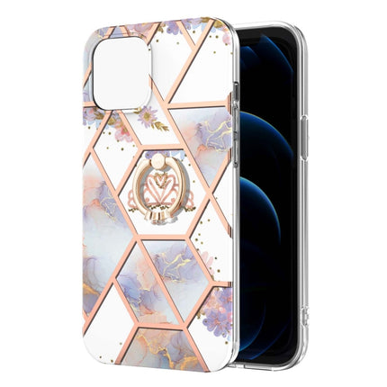 Electroplating Splicing Marble Flower Pattern TPU Shockproof Case with Rhinestone Ring Holder For iPhone 13 mini(Imperial Crown)-garmade.com