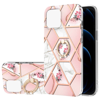 Electroplating Splicing Marble Flower Pattern TPU Shockproof Case with Rhinestone Ring Holder For iPhone 13(Pink Flower)-garmade.com
