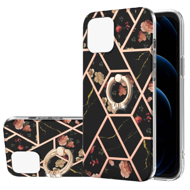 Electroplating Splicing Marble Flower Pattern TPU Shockproof Case with Rhinestone Ring Holder For iPhone 13(Black Flower)-garmade.com