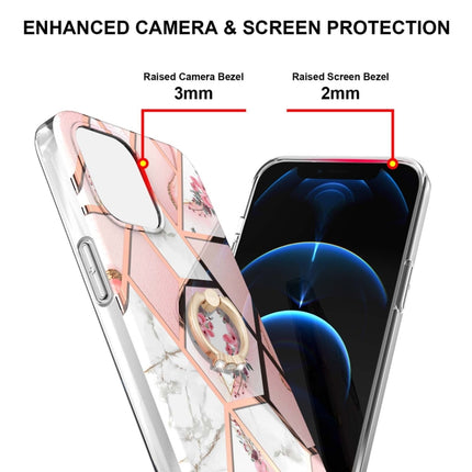 Electroplating Splicing Marble Flower Pattern TPU Shockproof Case with Rhinestone Ring Holder For iPhone 13 Pro(Pink Flower)-garmade.com