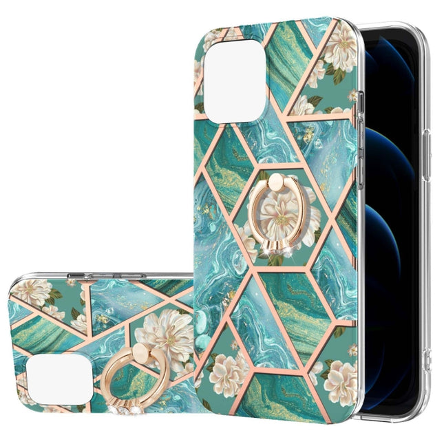 Electroplating Splicing Marble Flower Pattern TPU Shockproof Case with Rhinestone Ring Holder For iPhone 13 Pro(Blue Flower)-garmade.com
