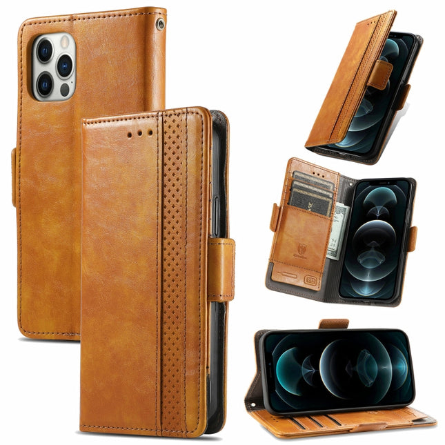 CaseNeo Business Splicing Dual Magnetic Buckle Horizontal Flip PU Leather Case with Holder & Card Slots & Wallet For iPhone 13 Pro Max (Yellow)-garmade.com