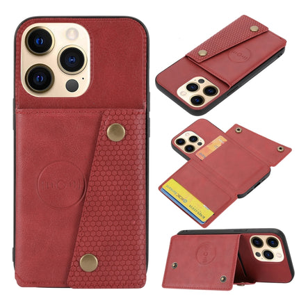 Double Buckle PU + TPU Shockproof Magnetic Protective Case with Card Slot & Holder For iPhone 13 mini(Red)-garmade.com