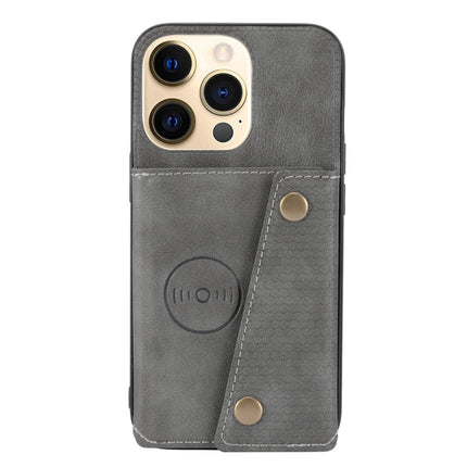 Double Buckle PU + TPU Shockproof Magnetic Protective Case with Card Slot & Holder For iPhone 13 mini(Grey)-garmade.com