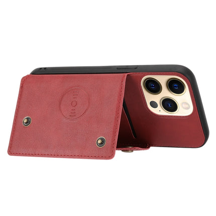 Double Buckle PU + TPU Shockproof Magnetic Protective Case with Card Slot & Holder For iPhone 13(Red)-garmade.com