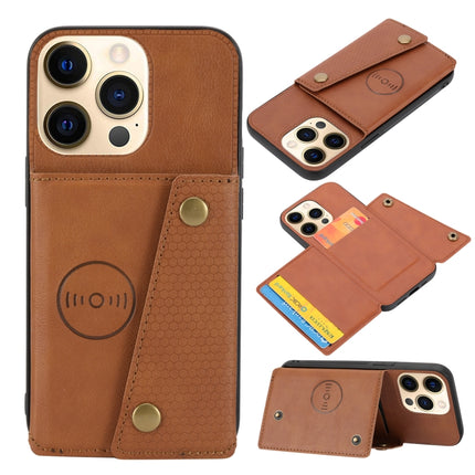 Double Buckle PU + TPU Shockproof Magnetic Protective Case with Card Slot & Holder For iPhone 13(Light Brown)-garmade.com