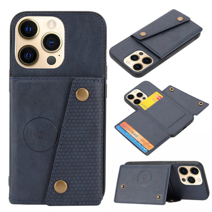 Double Buckle PU + TPU Shockproof Magnetic Protective Case with Card Slot & Holder For iPhone 13(Blue)-garmade.com