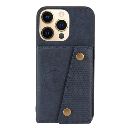 Double Buckle PU + TPU Shockproof Magnetic Protective Case with Card Slot & Holder For iPhone 13(Blue)-garmade.com