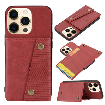 Double Buckle PU + TPU Shockproof Magnetic Protective Case with Card Slot & Holder For iPhone 13 Pro(Red)-garmade.com