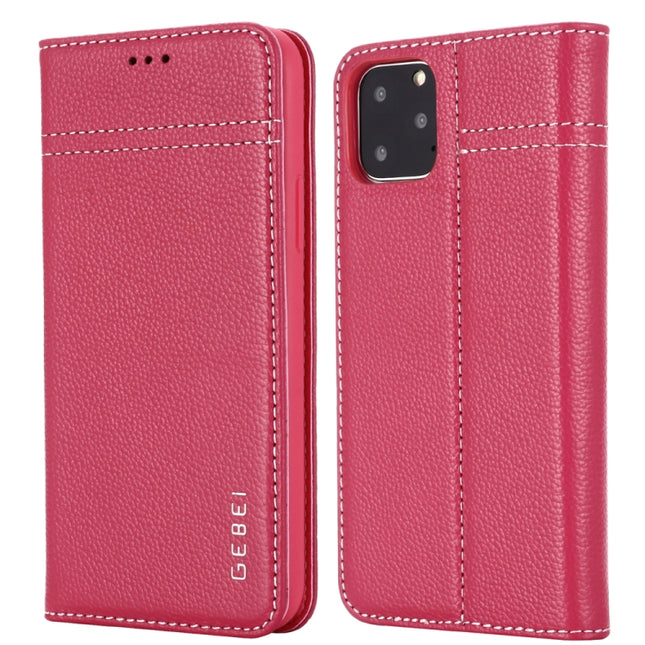 For iPhone 11 Pro GEBEI Top-grain Leather Horizontal Flip Protective Case with Holder & Card Slots(Rose Red)-garmade.com