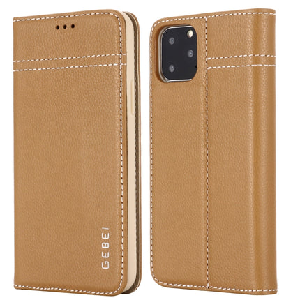 For iPhone 11 Pro Max GEBEI Top-grain Leather Horizontal Flip Protective Case with Holder & Card Slots(Khaki)-garmade.com