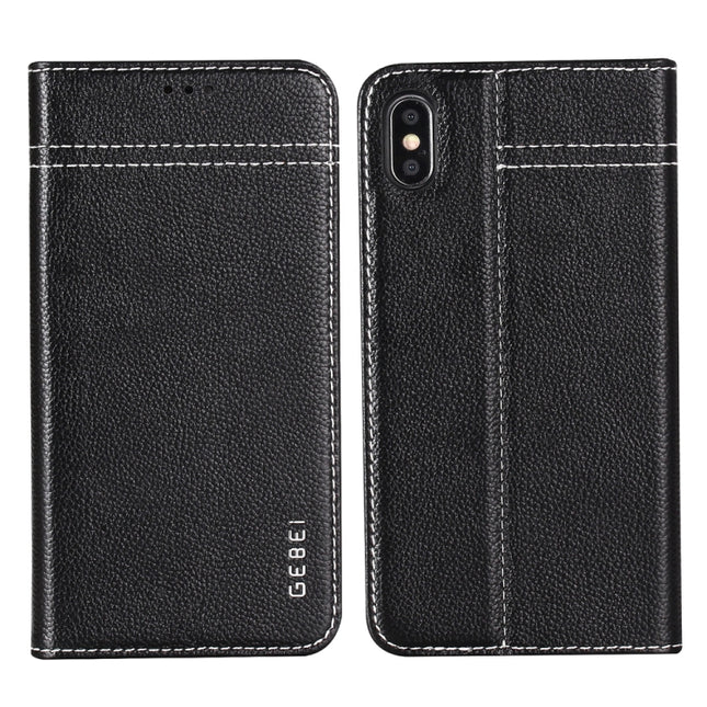 For iPhone XS Max GEBEI Top-grain Leather Horizontal Flip Protective Case with Holder & Card Slots(Black)-garmade.com