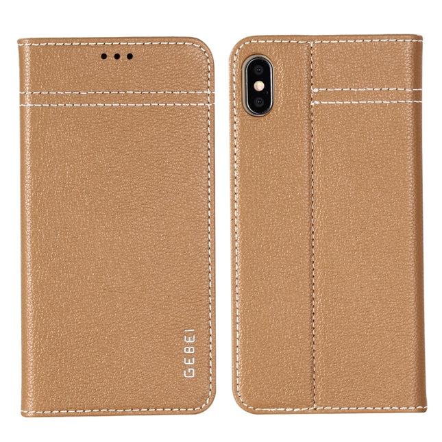 For iPhone XS Max GEBEI Top-grain Leather Horizontal Flip Protective Case with Holder & Card Slots(Khaki)-garmade.com