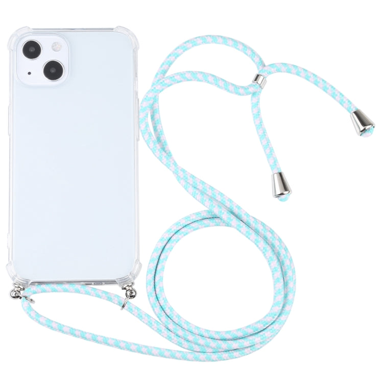 Four-corner Shockproof Transparent TPU Protective Case with Lanyard For iPhone 13 mini(Mint Green White)-garmade.com