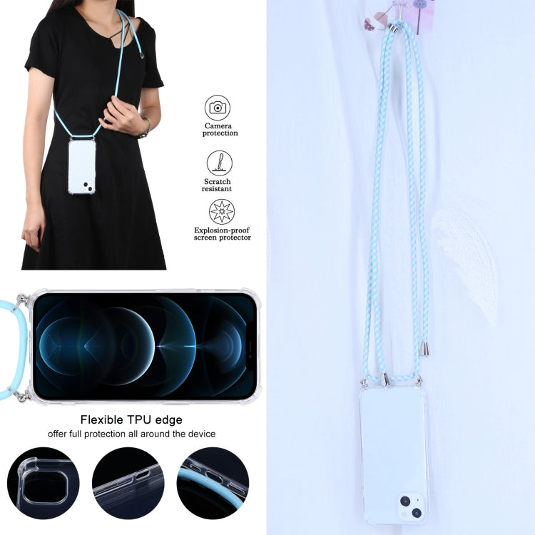 Four-corner Shockproof Transparent TPU Protective Case with Lanyard For iPhone 13 mini(Mint Green White)-garmade.com