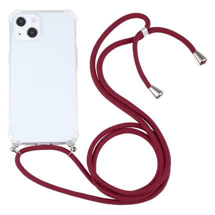 Four-corner Shockproof Transparent TPU Protective Case with Lanyard For iPhone 13 mini(Wine Red)-garmade.com