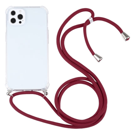 Four-corner Shockproof Transparent TPU Protective Case with Lanyard For iPhone 13 Pro(Wine Red)-garmade.com