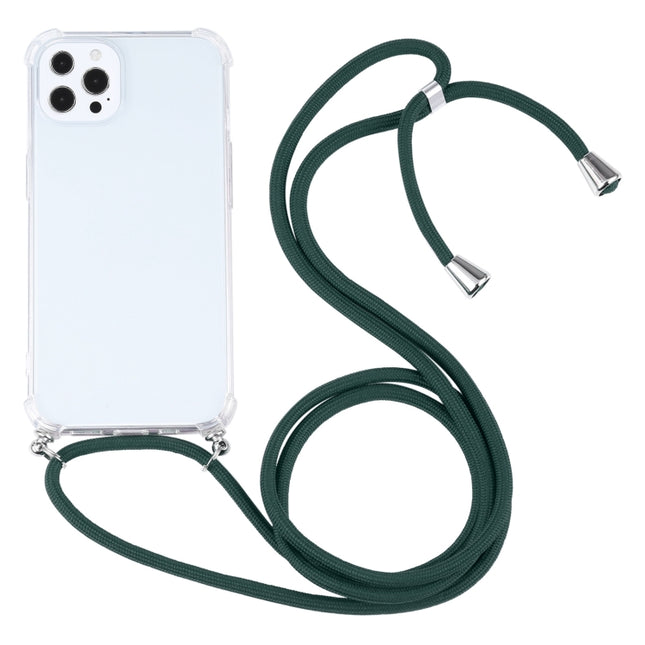 Four-corner Shockproof Transparent TPU Protective Case with Lanyard For iPhone 13 Pro(Dark Green)-garmade.com