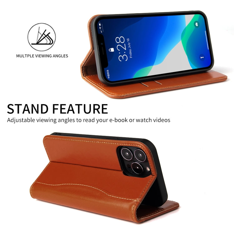 Genuine Leather Horizontal Flip Leather Case with Holder & Card Slots & Wallet For iPhone 13 Pro(Brown)-garmade.com