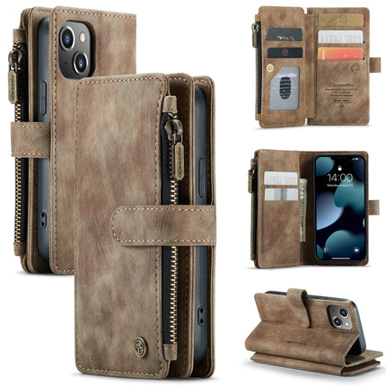 CaseMe-C30 PU + TPU Multifunctional Horizontal Flip Leather Case with Holder & Card Slot & Wallet & Zipper Pocket For iPhone 13 mini(Brown)-garmade.com