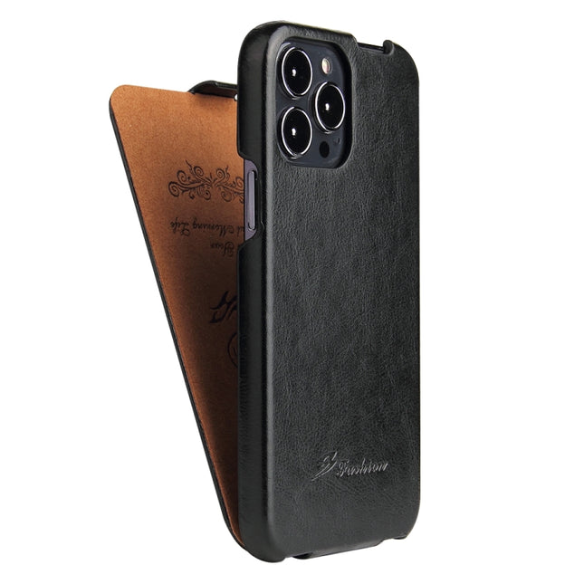 Fierre Shann Retro Oil Wax Texture Vertical Flip PU Leather Case For iPhone 13 Pro Max(Black)-garmade.com