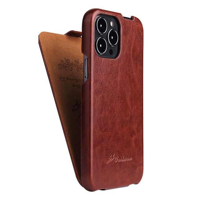 Fierre Shann Retro Oil Wax Texture Vertical Flip PU Leather Case For iPhone 13 Pro Max(Brown)-garmade.com
