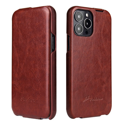 Fierre Shann Retro Oil Wax Texture Vertical Flip PU Leather Case For iPhone 13 Pro Max(Brown)-garmade.com