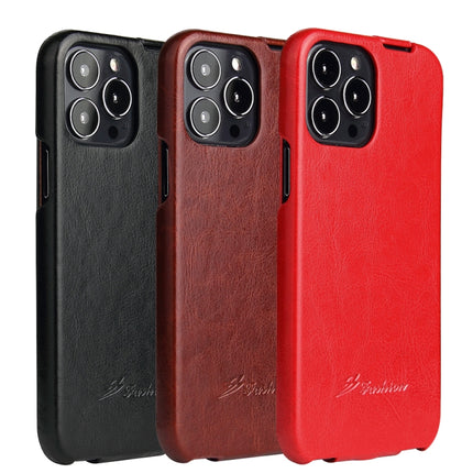 Fierre Shann Retro Oil Wax Texture Vertical Flip PU Leather Case For iPhone 13 Pro Max(Brown)-garmade.com