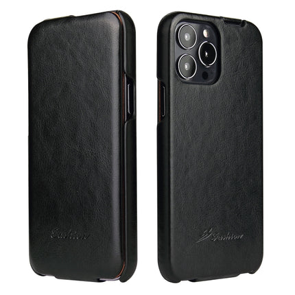 Fierre Shann Retro Oil Wax Texture Vertical Flip PU Leather Case For iPhone 13 Pro(Black)-garmade.com