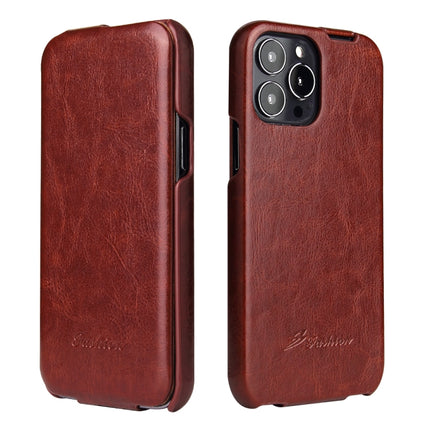 Fierre Shann Retro Oil Wax Texture Vertical Flip PU Leather Case For iPhone 13 Pro(Brown)-garmade.com