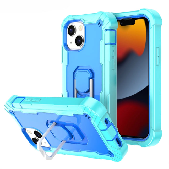 PC + Rubber 3-layers Shockproof Protective Case with Rotating Holder For iPhone 13 mini(Mint Green + Blue)-garmade.com