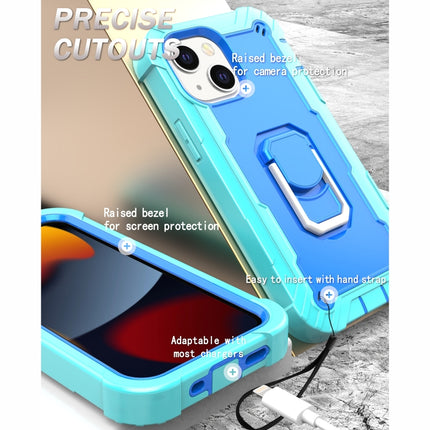 PC + Rubber 3-layers Shockproof Protective Case with Rotating Holder For iPhone 13 mini(Mint Green + Blue)-garmade.com