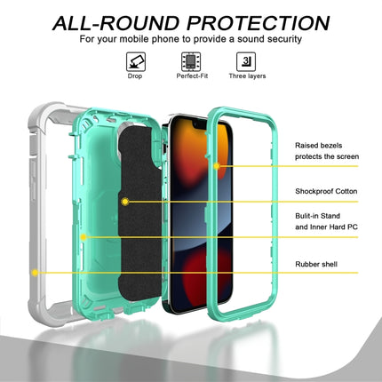 PC + Rubber 3-layers Shockproof Protective Case with Rotating Holder For iPhone 13 mini(Grey White + Mint Green)-garmade.com
