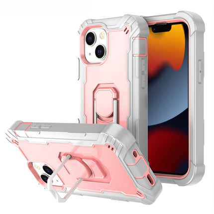 PC + Rubber 3-layers Shockproof Protective Case with Rotating Holder For iPhone 13 mini(Grey White + Rose Gold)-garmade.com