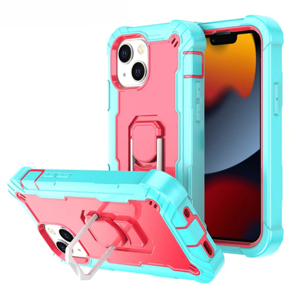 PC + Rubber 3-layers Shockproof Protective Case with Rotating Holder For iPhone 13(Mint Green + Rose Red)-garmade.com