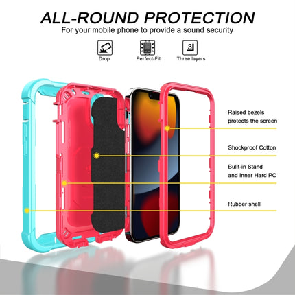 PC + Rubber 3-layers Shockproof Protective Case with Rotating Holder For iPhone 13(Mint Green + Rose Red)-garmade.com
