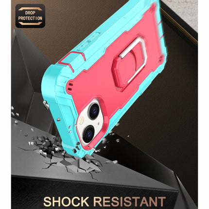 PC + Rubber 3-layers Shockproof Protective Case with Rotating Holder For iPhone 13(Mint Green + Rose Red)-garmade.com