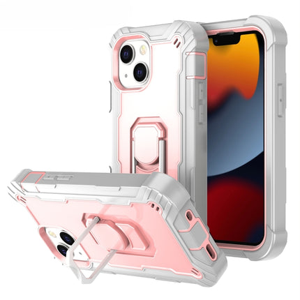 PC + Rubber 3-layers Shockproof Protective Case with Rotating Holder For iPhone 13(Grey White + Rose Gold)-garmade.com