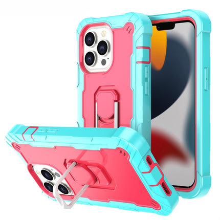 PC + Rubber 3-layers Shockproof Protective Case with Rotating Holder For iPhone 13 Pro(Mint Green + Rose Red)-garmade.com