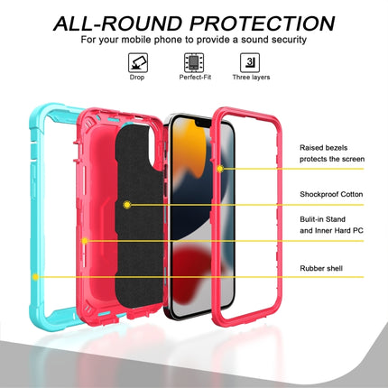 PC + Rubber 3-layers Shockproof Protective Case with Rotating Holder For iPhone 13 Pro(Mint Green + Rose Red)-garmade.com