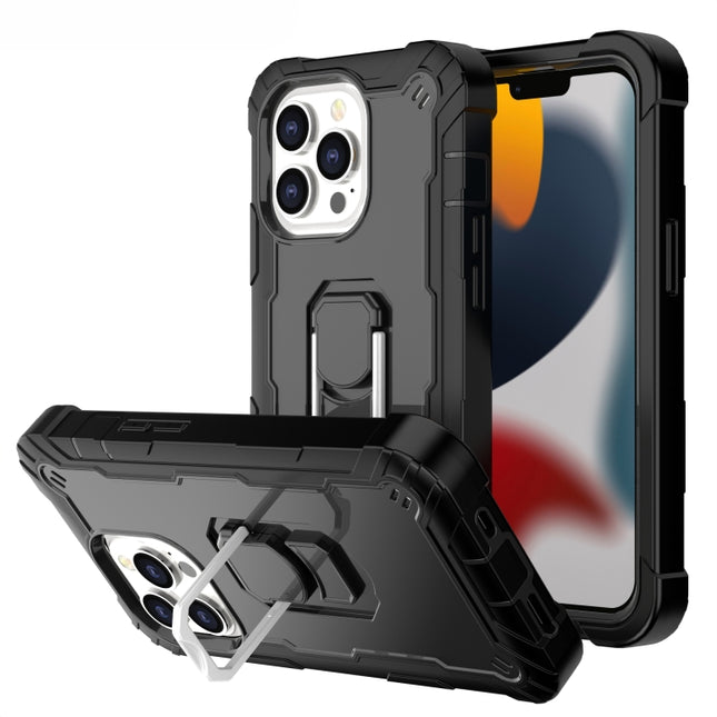 PC + Rubber 3-layers Shockproof Protective Case with Rotating Holder For iPhone 13 Pro(Black)-garmade.com