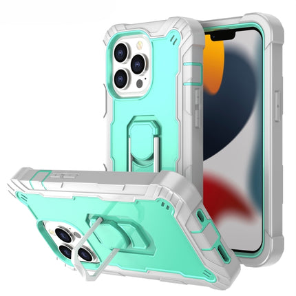 PC + Rubber 3-layers Shockproof Protective Case with Rotating Holder For iPhone 13 Pro(Grey White + Mint Green)-garmade.com