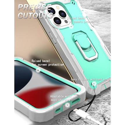PC + Rubber 3-layers Shockproof Protective Case with Rotating Holder For iPhone 13 Pro(Grey White + Mint Green)-garmade.com