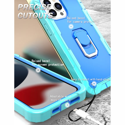 PC + Rubber 3-layers Shockproof Protective Case with Rotating Holder For iPhone 13 Pro Max(Mint Green + Blue)-garmade.com