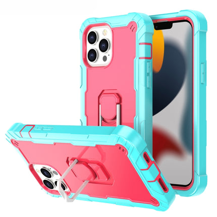 PC + Rubber 3-layers Shockproof Protective Case with Rotating Holder For iPhone 13 Pro Max(Mint Green + Rose Red)-garmade.com