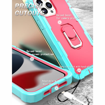 PC + Rubber 3-layers Shockproof Protective Case with Rotating Holder For iPhone 13 Pro Max(Mint Green + Rose Red)-garmade.com